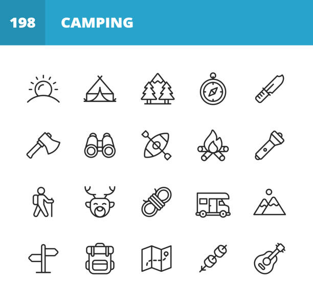 camping line icons. bearbeitbarer strich. pixel perfekt. für mobile und web. enthält symboleweise sonne, sommer, zelt, wald, kompass, axt, fernglas, kajak, lagerfeuer, trekking, klettern, jagd, knoten, camper, reise, urlaub, rucksack, karte, marshmallow. - camping stock-grafiken, -clipart, -cartoons und -symbole