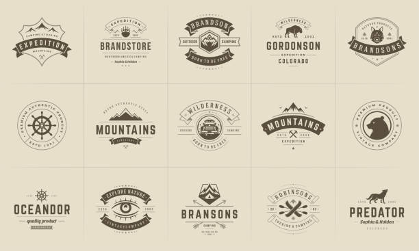 Camping logos and badges templates vector design elements and silhouettes set Camping logos and badges templates vector design elements and silhouettes set. Outdoor adventure mountains and forest camp vintage style emblems and logos retro illustration. adventure silhouettes stock illustrations