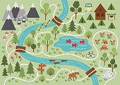 Camping map. Summer camp background. Vector nature clip art or infographic elements with mountains, trees, forest, moose, river, bike, cable car. Hiking, trekking or campfire plan.