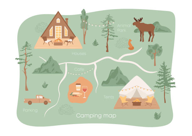 キャンプマップ。野生動物は、公園、テクスチャーの丘、木。屋外レクリエーション - グランピング点のイラスト素材／クリップアート素材／マンガ素材／アイコン素材