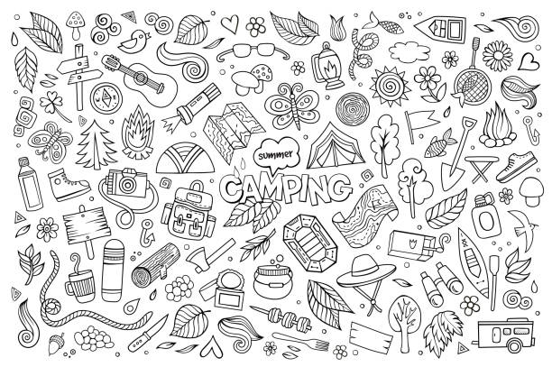 Camping nature symbols and objects Camping nature hand drawn vector symbols and objects scout camp stock illustrations