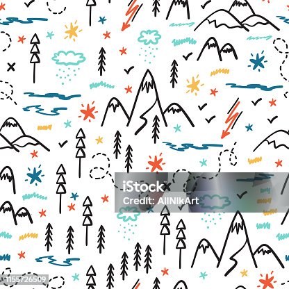 istock Camping Nature Vector Background for Kids. Cartoon Mountain and Forest Area Map Seamless Pattern. Hand Drawn Doodle Mountains, Hills, Trees, Hiking Trails and Night Starry Sky 1155726509