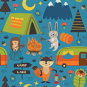 camping seamless pattern with animals in the forest at night  - vector illustration, eps