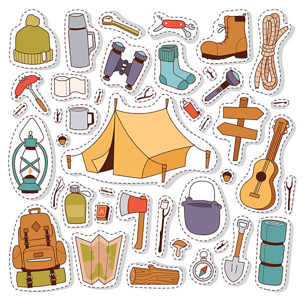 Camping stickers in hand drawn style vector. Set of camping stickers in hand drawn style tent, flashlight, match, compass, thermos. Expedition concept camping stickers icons. Vector travel outdoor camp recreation expedition. scout camp stock illustrations