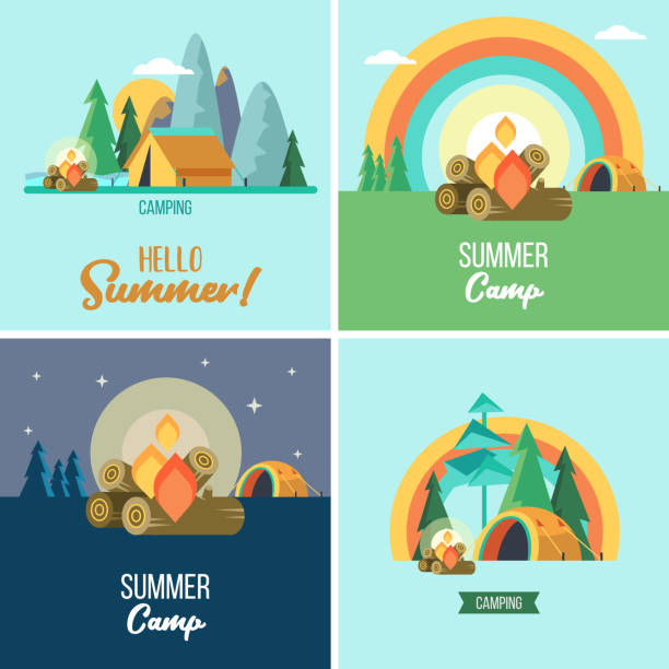 bildbanksillustrationer, clip art samt tecknat material och ikoner med camping.  sommarlov i ett tält på naturen. vektorillustration. - camping tent