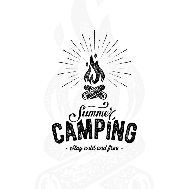 Camping summer white Summer camping sign with a fire. Vector illustration. campfire stock illustrations