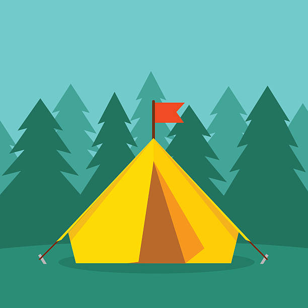 bildbanksillustrationer, clip art samt tecknat material och ikoner med camping tourist tent on forest landscape vector illustration - camping tent