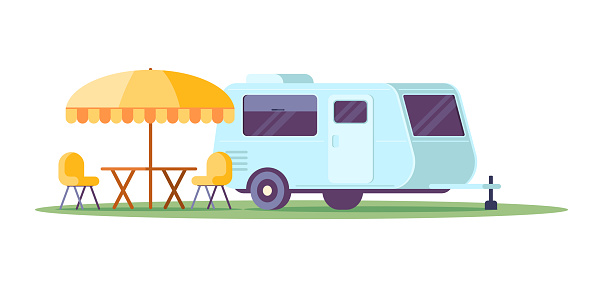 Camping trailer parked on green grass at park with outdoor picnic furniture isometric vector