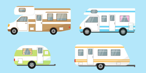 stockillustraties, clipart, cartoons en iconen met camping trailers, reizen stacaravans of caravan ingesteld op blauwe achtergrond. vectorillustratie. - caravan
