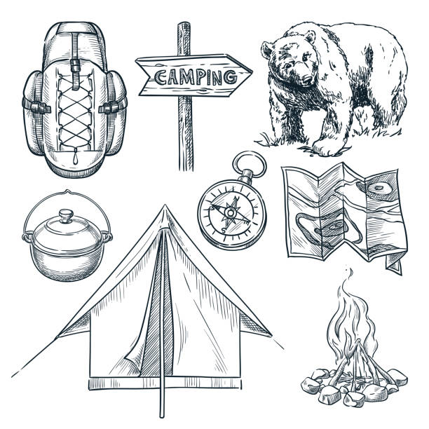 bildbanksillustrationer, clip art samt tecknat material och ikoner med camping vektor skiss illustration. camp stuff design element isolerade på vit bakgrund - camping tent
