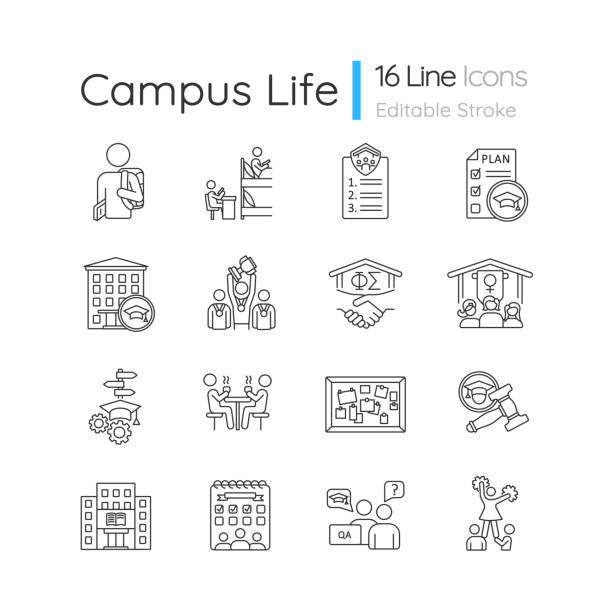 Campus life pixel perfect linear icons set Campus life pixel perfect linear icons set. University and college. Student activities. Cheerleading and sports team. Customizable thin line contour symbols. Isolated vector outline illustrations college campus stock illustrations