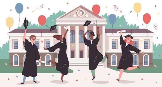 Campus park graduation. Happy students group jumping on university building backdrop, certificates in hands, boys and girls in student robes throw up caps. Vector cartoon isolated concept