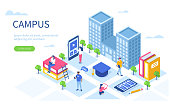 Students in university campus concept with text place. Can use for web banner, infographics, hero images. Flat isometric vector illustration isolated on white background.