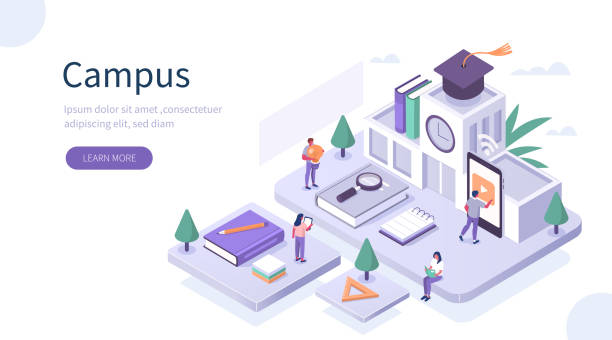 campus Students Study Online in University or College Campus. Girls and Boys Learning Together with Smartphone and Books. Distance  Education Technology Concept. Flat Isometric Vector Illustration. college campus stock illustrations