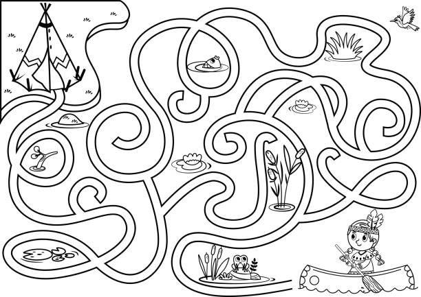 Can you help the native girl to find the village? Can you help the native girl to find the village? Vector puzzle game for kids. Native American Girl maze Game For Kids. Black and white. Vector illustration. maze clipart stock illustrations