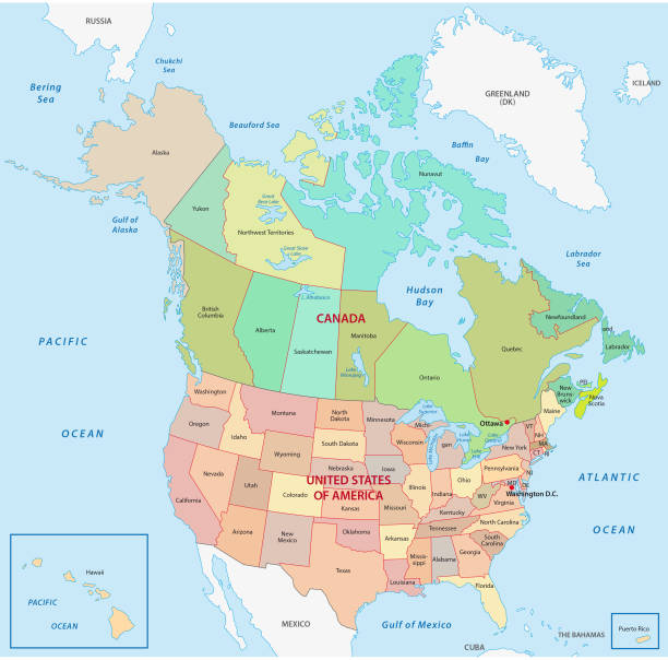 kanada dan united staes peta administrasi dan politik - amerika serikat amerika utara ilustrasi stok