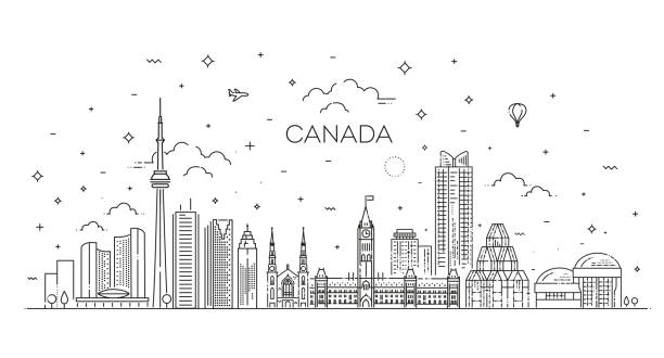 Canada architecture line skyline illustration Linear vector cityscape with famous landmarks, city sights, design icons. Landscape international landmark stock illustrations