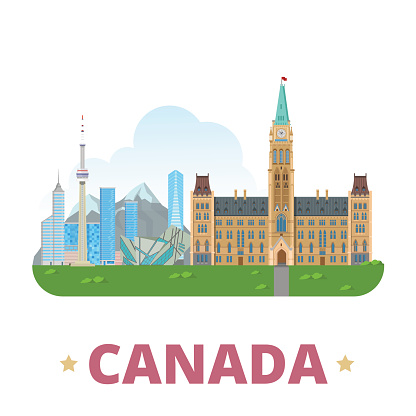 Canada country design template. Flat cartoon style historic sight web vector illustration. World vacation travel sightseeing North America collection. Parliament Hill Royal Ontario Museum CN Tower.