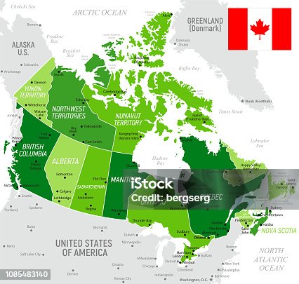 istock Canada Green Map with National Flag, states and borders 1085483140