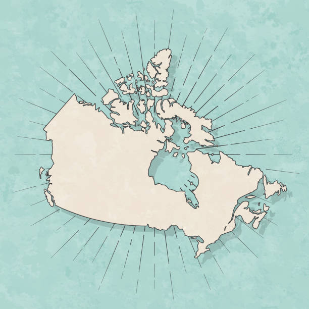 Canada map in retro vintage style - Old textured paper Map of Canada in a trendy vintage style. Beautiful retro illustration with old textured paper and light rays in the background (colors used: blue, green, beige and black for the outline). Vector Illustration (EPS10, well layered and grouped). Easy to edit, manipulate, resize or colorize. canada illustrations stock illustrations