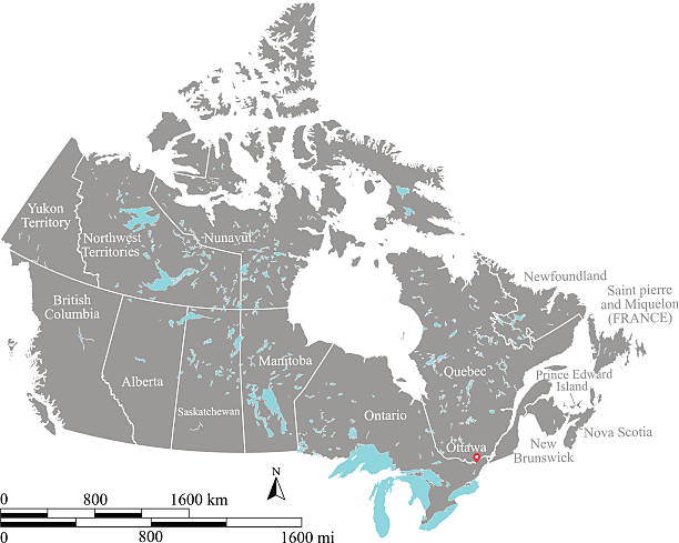 stockillustraties, clipart, cartoons en iconen met canada map outline vector with scales of miles and kilometers - labrador
