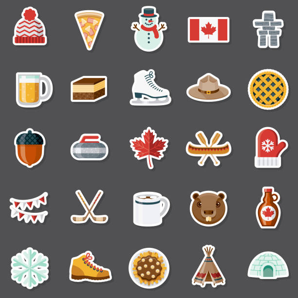 Canada Sticker Set A set of flat design sticker icons. File is built in the CMYK color space for optimal printing. Color swatches are global so it’s easy to edit and change the colors. canadian culture illustrations stock illustrations