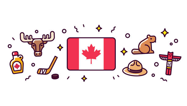 Canada symbols illustration. Canada banner design elements. Canadian flag surrounded with traditional signs and symbols. Vector clip art illustration, cute cartoon style. canadian culture illustrations stock illustrations