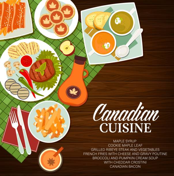 kanadisches restaurant gerichte vektor menü cover - tisch holzteller gedeckt stock-grafiken, -clipart, -cartoons und -symbole