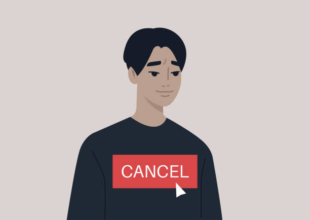 stockillustraties, clipart, cartoons en iconen met annuleer cultuurconcept, een jong mannelijk aziatisch karakter dat door online gebruikers wordt geannuleerd - cancelcultuur