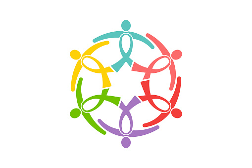 Cancer Awareness Ribbon People Group. People like ribbons in a circle holding together to support. Vector Logo design