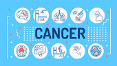 Cancer word lettering typography. Oncology medical diagnostic. Malignant neoplasms. Infographics with linear icons on blue background. Creative idea concept Vector isolated outline color illustration
