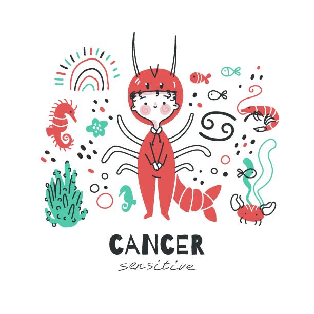 Cancer zodiac sign illustration. Astrological horoscope symbol character for kids. Colorful card with graphic elements for design. Hand drawn vector in cartoon style with lettering Cancer zodiac sign illustration. Astrological horoscope symbol character for kids. Colorful card with graphic elements for design. Hand drawn vector in cartoon style with lettering drawing of a cute little anime boy stock illustrations