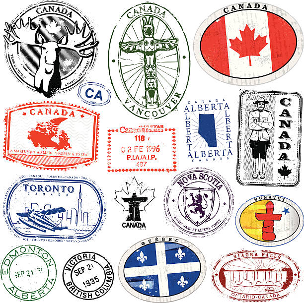 Candian Travel Splendor Series of stylized retro/vintage passport style stamps of different Canadian Locations. As well as three decals. canada illustrations stock illustrations