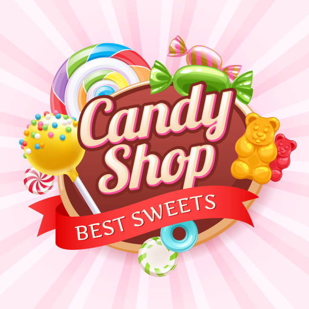 Candies and sweets colorful background Candy shop poster. Colorful background with sweets - cake pop, gummy bears, hard candies and spiral lollipop on shine background. candy backgrounds stock illustrations
