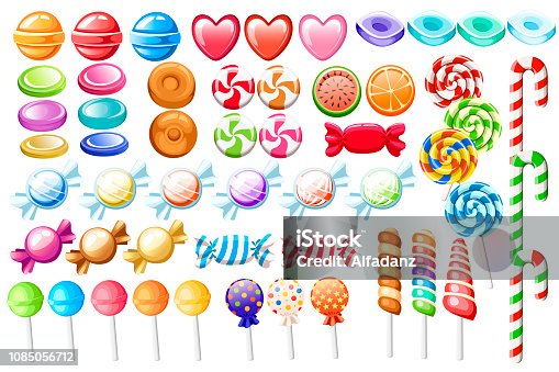 istock Candies set. Big collection of different cartoon style candies. Wrapped and not lollipops, cane, sweetmeats. Cute glossy sweets. Flat colorful icons. Vector illustration isolated on white background 1085056712