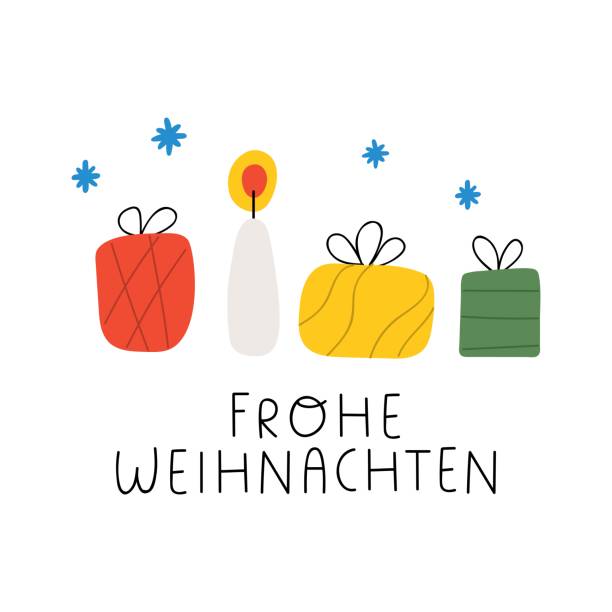свечи и рождественские подарки. frohe weihnachten это означает счастливого рождества на немецком языке. - weihnachten stock illustrations