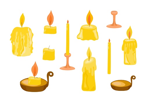 Candle set simple vector cartoon flat style illustration, clipart useful for Christmas or Halloween holiday decoration, witchcraft attribute doodle hand drawn image, gothic mystical design