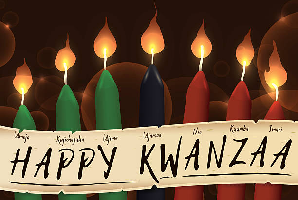 Candles of Kwanzaa with a Scroll with the Seven Principles Banner for Kwanzaa with traditional colored candles representing the Seven Principles (or Nguzo Saba) over a ancient scroll. kwanzaa stock illustrations