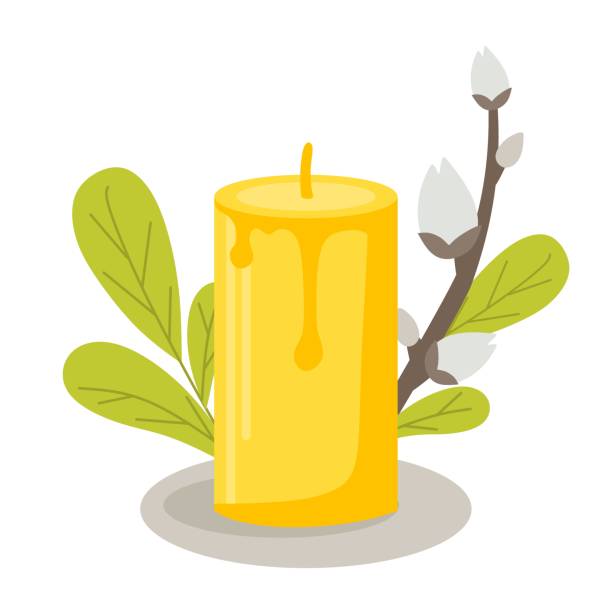 Candles with willow green leaves. Vector illustration in a flat style isolated on a white background Candles with willow green leaves. Vector illustration in a flat style isolated on white background easter sunday stock illustrations