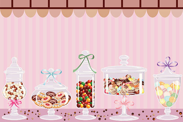 Candy bar Candy jars with chocolates, candies and dragees candy store stock illustrations