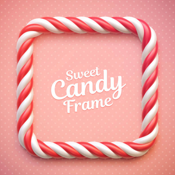 Candy cane frame on polka dot background Candy cane frame on polka dot background. Swirl hard candy square border with copy space candy borders stock illustrations