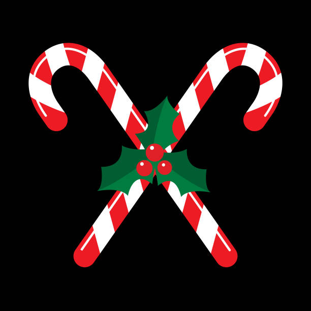 Candy Cane Holly icon Vector illustration of crisscrossed candy canes with holly leaves on a black background. candy canes stock illustrations