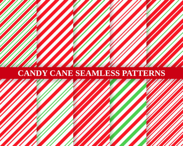 Candy cane seamless pattern. Christmas striped background. Vector illustration. Candy cane stripe pattern. Vector. Seamless Christmas background. Red green peppermint diagonal lines. Xmas traditional wrapping texture. Set cute caramel package prints. Geometric illustration. candy canes stock illustrations