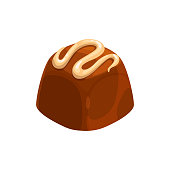 Candy chocolate, sweet dessert cake food, truffle with caramel, vector isolated icon. Milk or dark bitter chocolate candy comfit form candy box, confectionery dessert