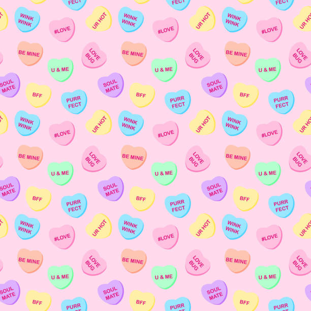 Candy Hearts Seamless Pattern Pastel rainbow conversation heart candy design for Valentine's Day candy backgrounds stock illustrations