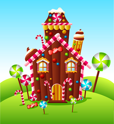 Candy house on green hill