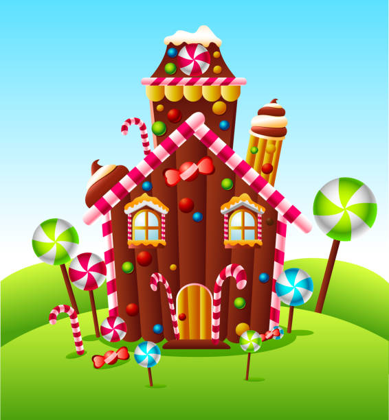 Candy house on green hill Cute Candy house vector illustration.  gingerbread house stock illustrations