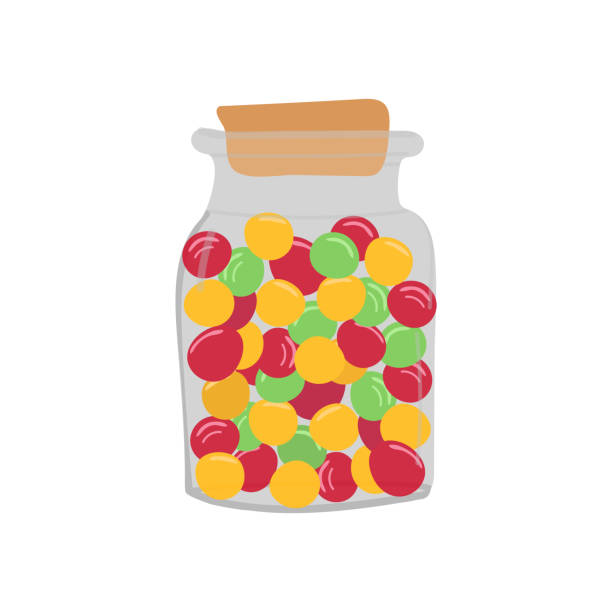 Candy in jar colorful vector illustration. Flat illustration of colorful candies in jar Flat illustration of colorful candies in jar. Candy in jar colorful vector illustration. candy jar stock illustrations