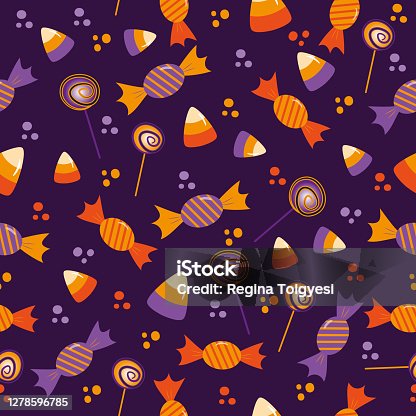 istock Candy Seamless pattern for Halloween - Candy corn, lollipop, and sweets on purple background. 1278596785