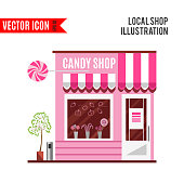Candy shop in a pink color. Flat design vector illustration of small business concept.Tasty candies in a shop window. Lollipops boutique. Stylish sweets shop. Confectionery shop. Cute desserts.